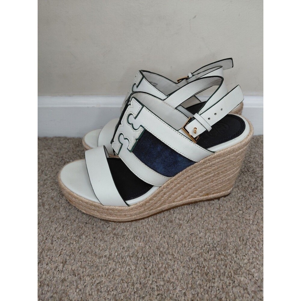 Tory Burch Sandals Ines Wedge Espadrilles Shoes White-Navy Slingbacks Sz 6.5M